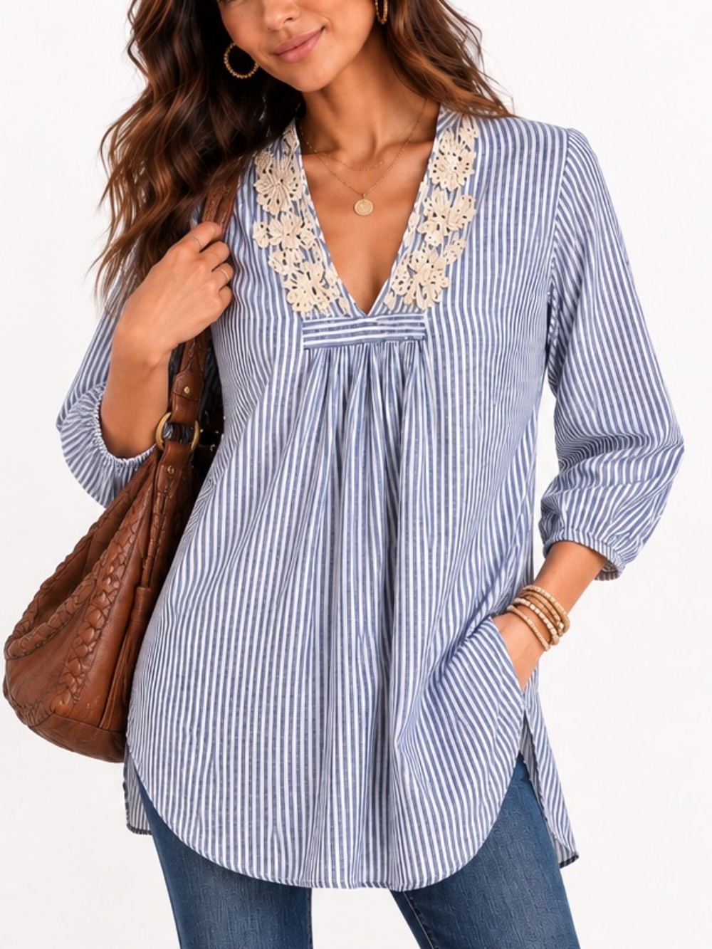 Harmony Culture Blue Stripe Embellished Tunic Top Cover Up Coastal Chic | Small